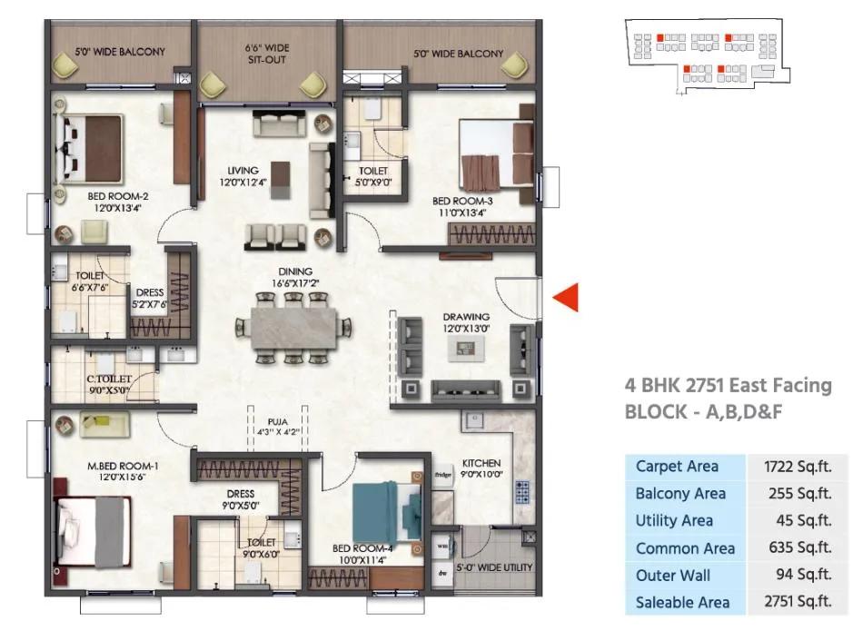 Tridasa Rise Apartments 4 BHK floor plan, about 2,751 sq ft