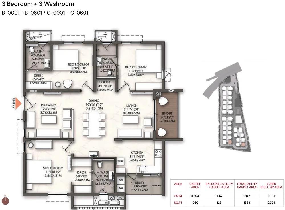 Brigade Enclave 3 BHK floor plan, about 2,025 sq ft