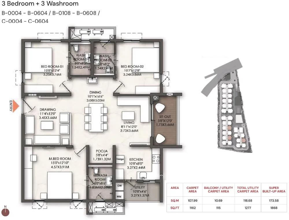 Brigade Enclave 3 BHK floor plan, about 1,868 sq ft