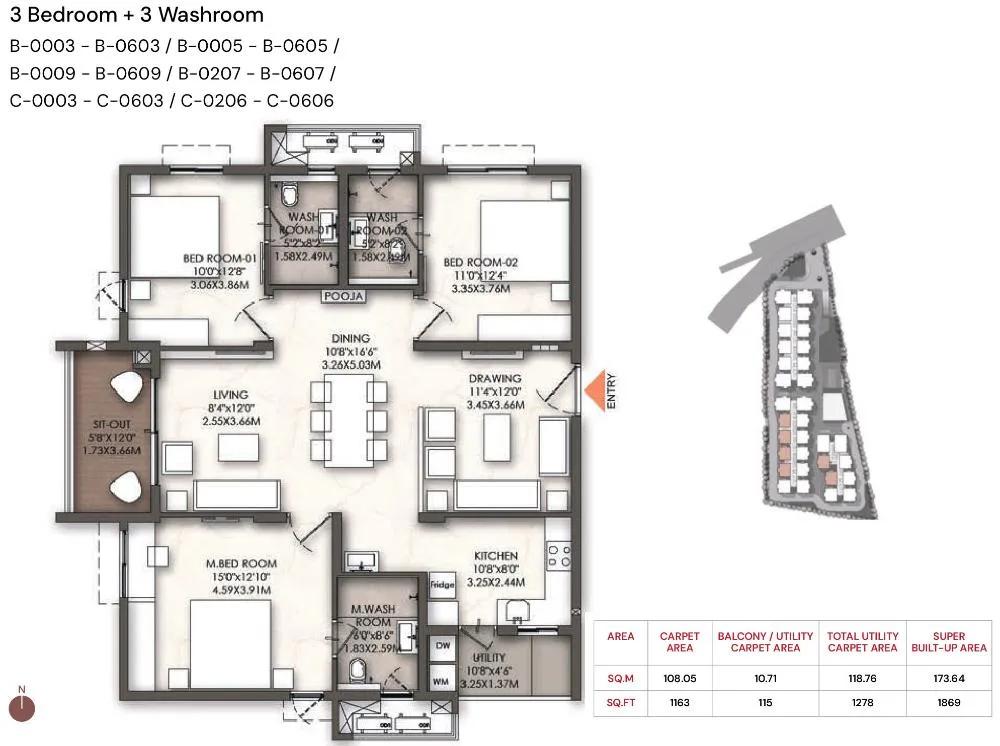 Brigade Enclave 3 BHK floor plan, about 1,869 sq ft