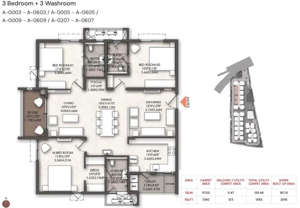 Brigade Enclave 3 BHK floor plan, about 2,016 sq ft
