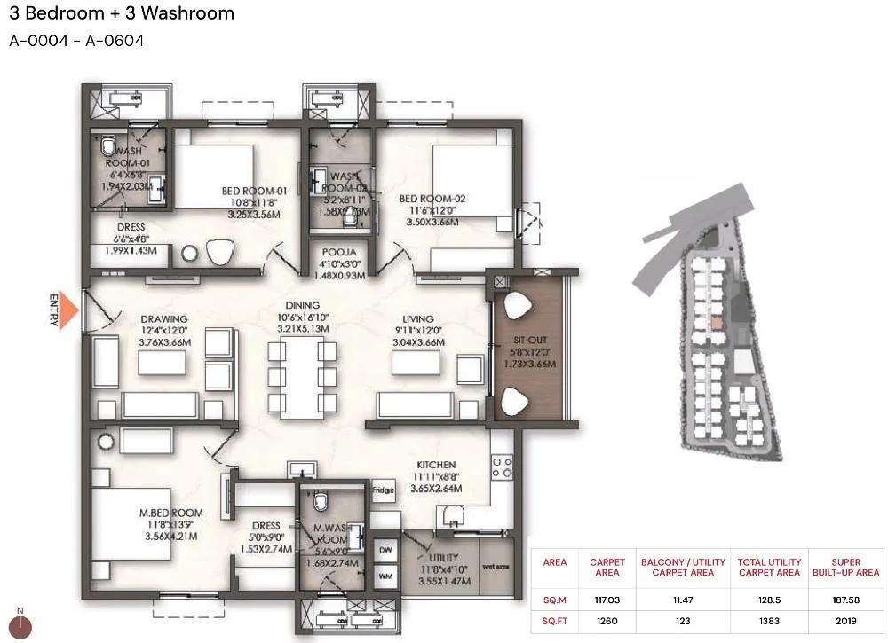 Brigade Enclave 3 BHK floor plan, about 2,019 sq ft