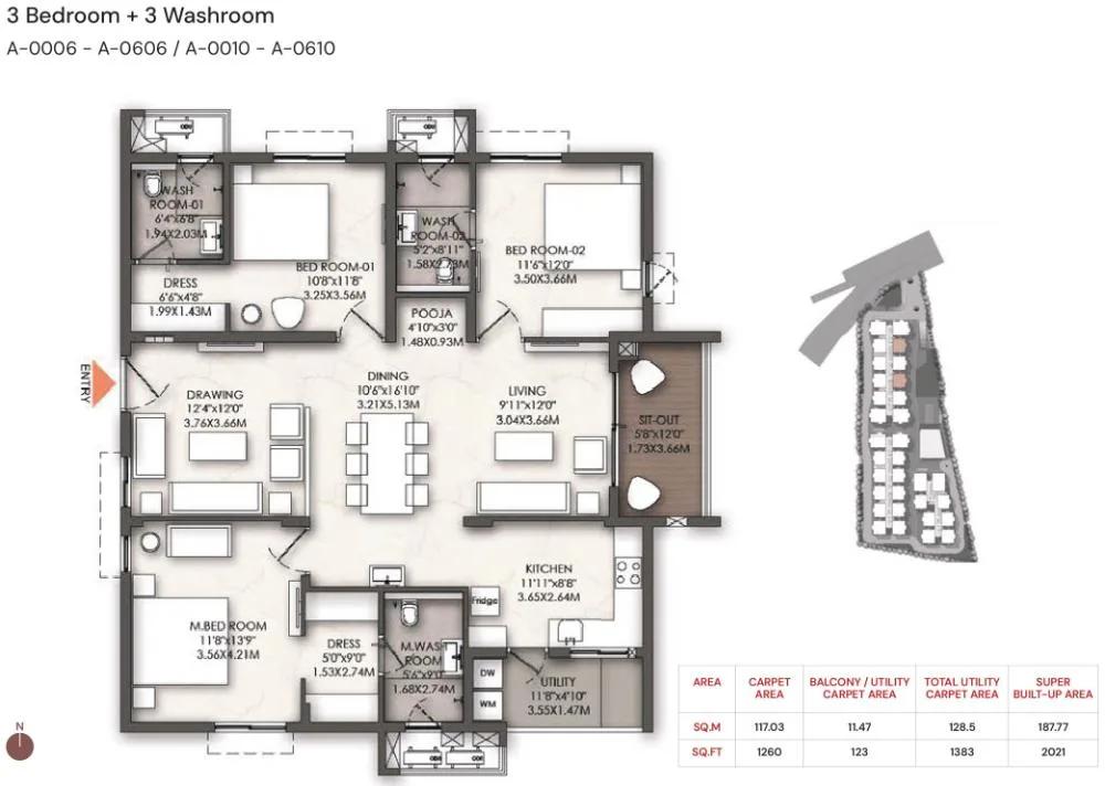 Brigade Enclave 3 BHK floor plan, about 2,021 sq ft
