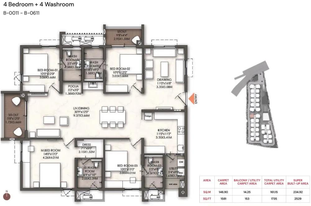 Brigade Enclave 4 BHK floor plan, about 2,529 sq ft