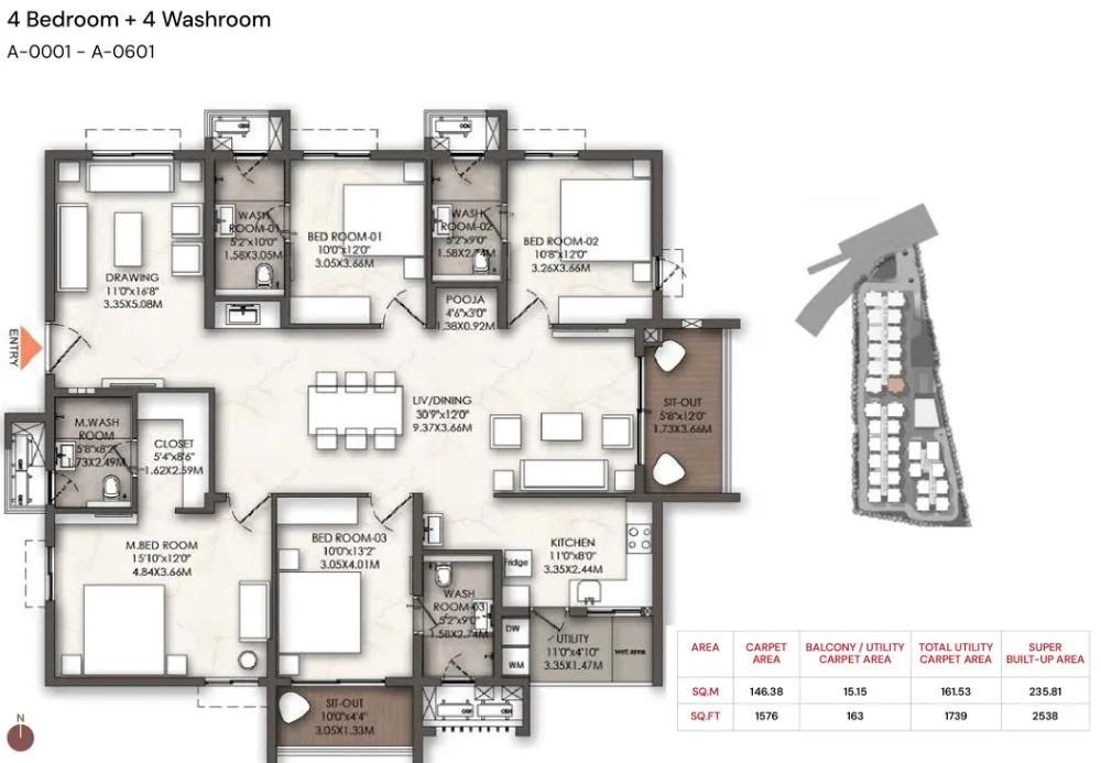 Brigade Enclave 4 BHK floor plan, about 2,538 sq ft