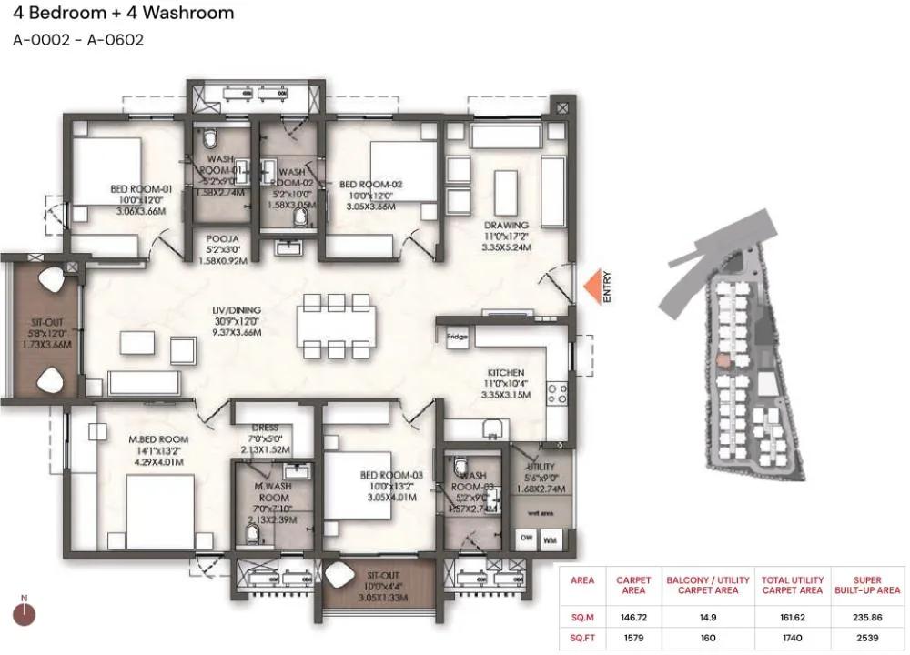 Brigade Enclave 4 BHK floor plan, about 2,539 sq ft