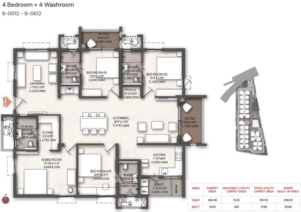 Brigade Enclave 4 BHK floor plan, about 2,540 sq ft
