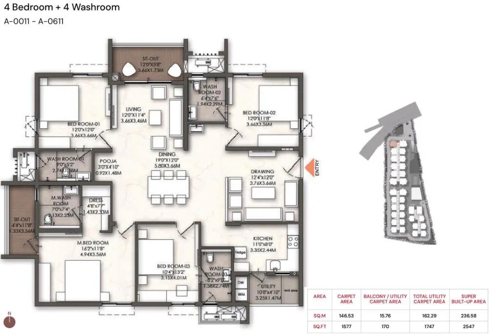 Brigade Enclave 4 BHK floor plan, about 2,547 sq ft