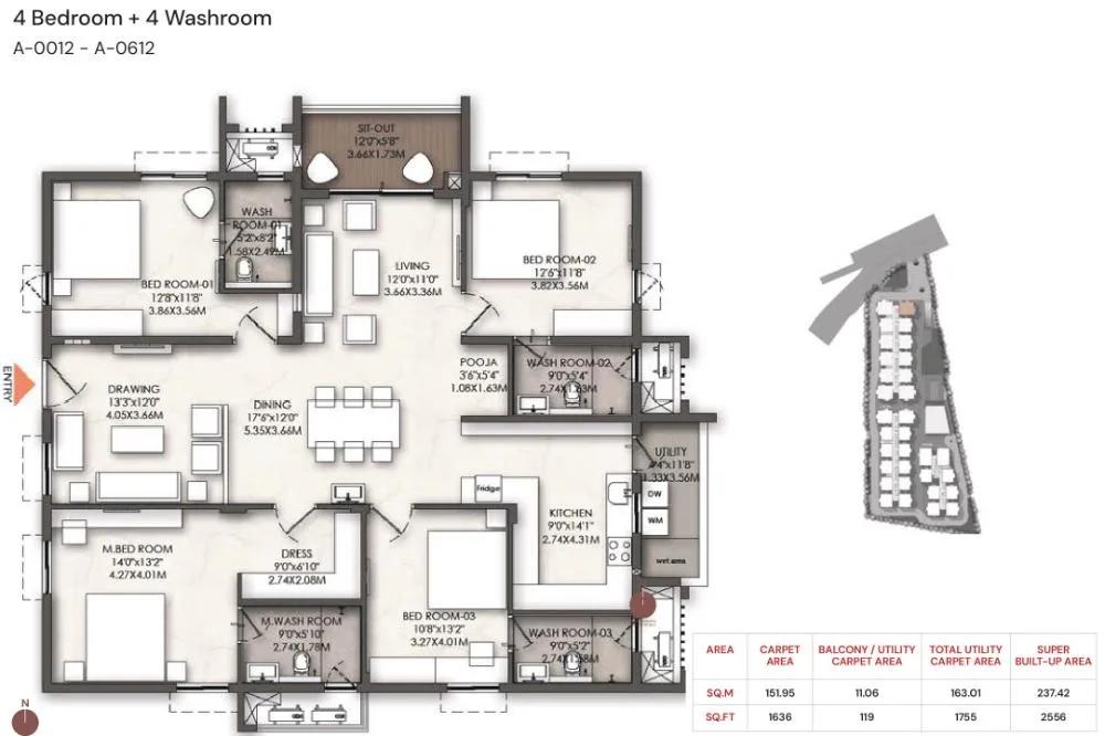Brigade Enclave 4 BHK floor plan, about 2,556 sq ft