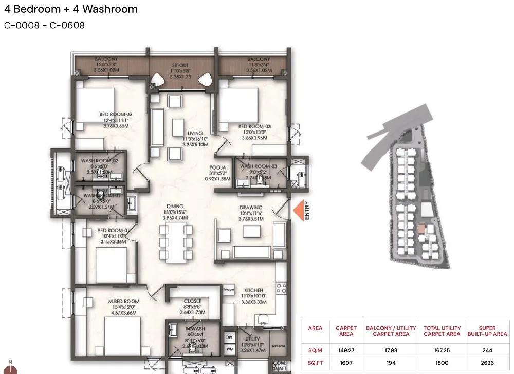 Brigade Enclave 4 BHK floor plan, about 2,626 sq ft