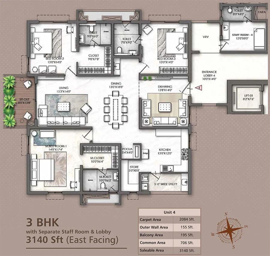 Rajapushpa Skyra 3 BHK floor plan, about 3,140 sq ft
