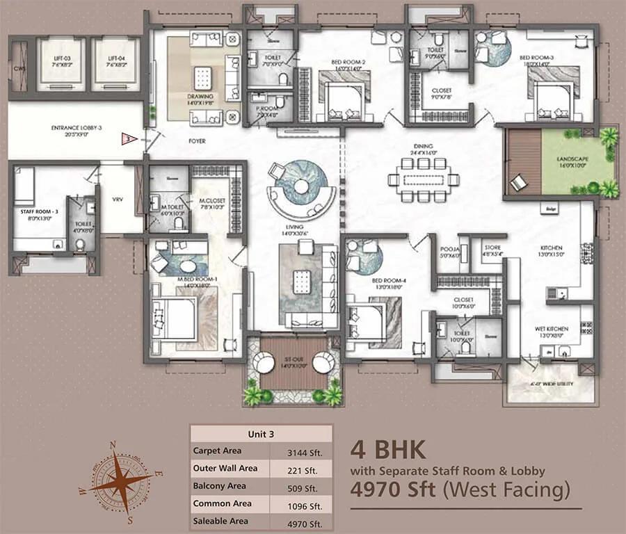 Rajapushpa Skyra 4 BHK floor plan, about 4,970 sq ft