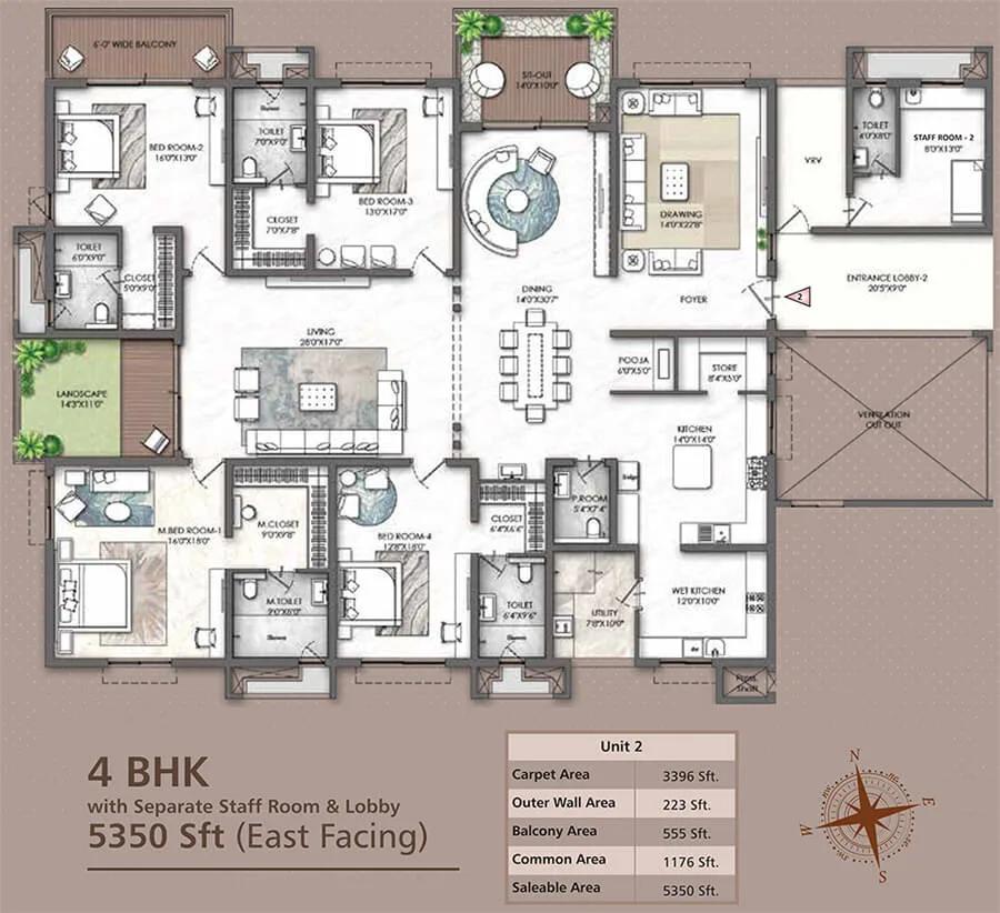 Rajapushpa Skyra 4 BHK floor plan, about 5,350 sq ft