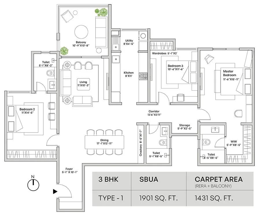 Assetz Mizumi Reserve 3 BHK floor plan, about 1,901 sq ft