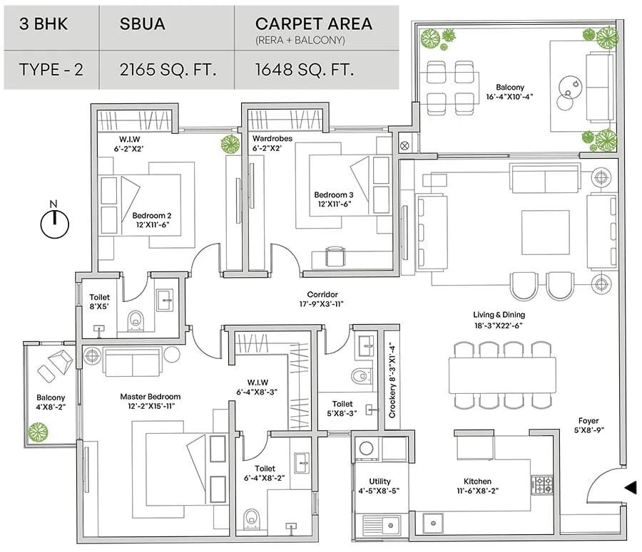 Assetz Mizumi Reserve 3 BHK floor plan, about 2,165 sq ft