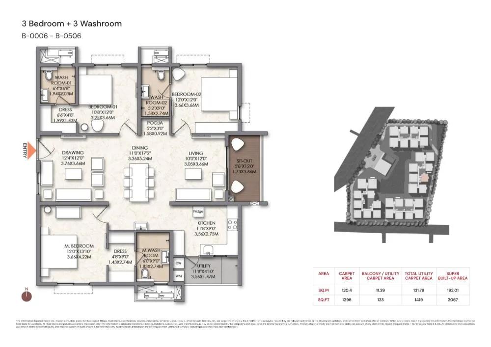 Brigade Manor 3 BHK floor plan, about 2,067 sq ft