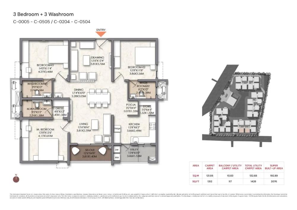 Brigade Manor 3 BHK floor plan, about 2,076 sq ft