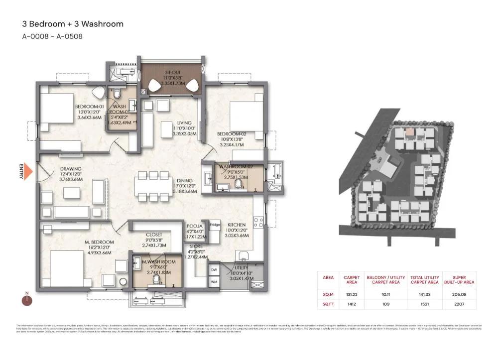 Brigade Manor 3 BHK floor plan, about 2,207 sq ft