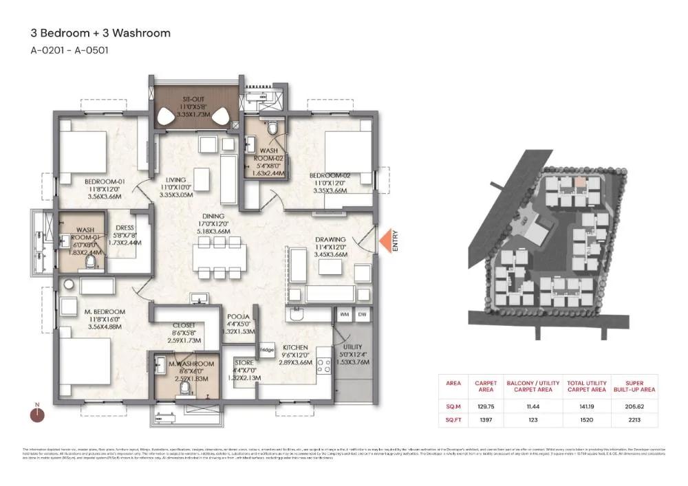 Brigade Manor 3 BHK floor plan, about 2,213 sq ft