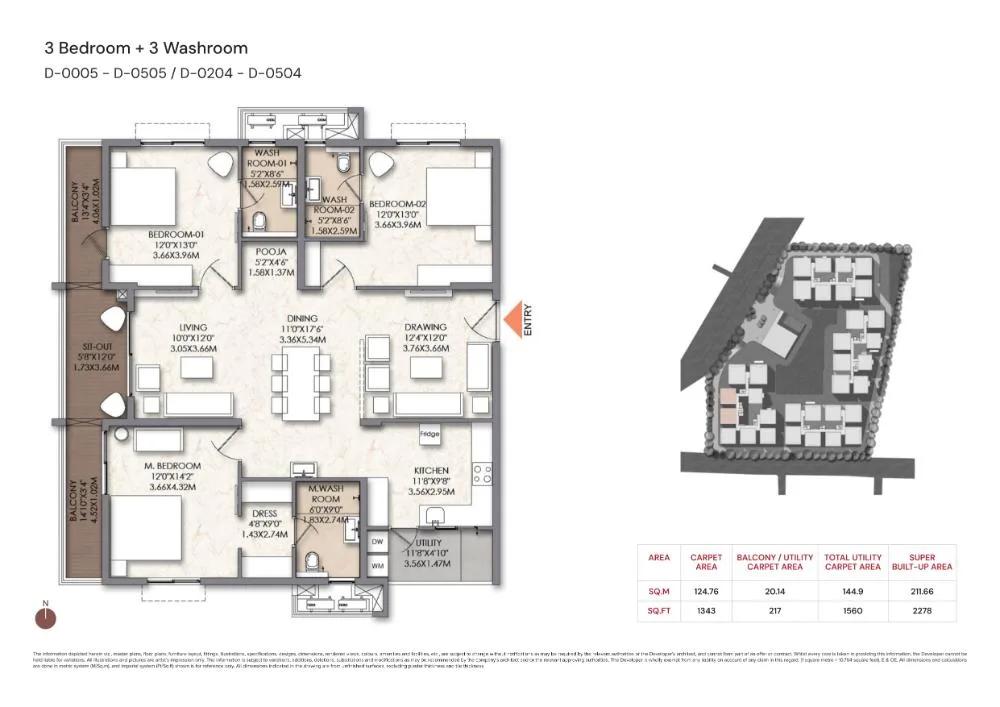 Brigade Manor 3 BHK floor plan, about 2,278 sq ft