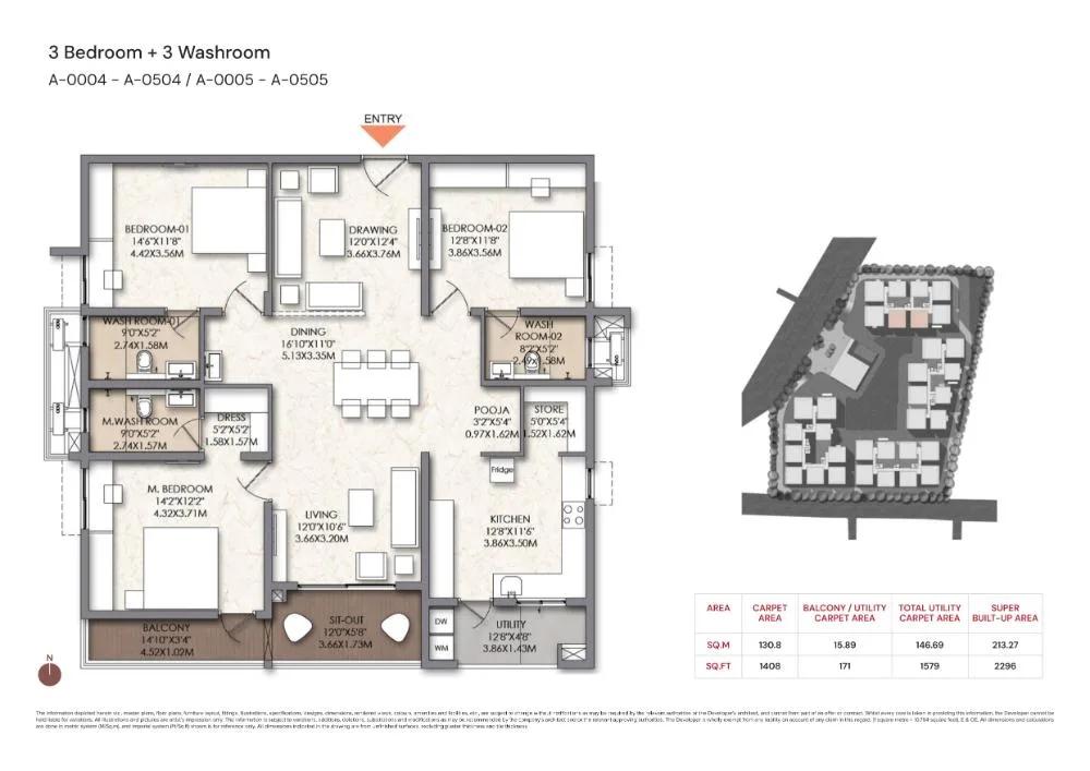 Brigade Manor 3 BHK floor plan, about 2,296 sq ft