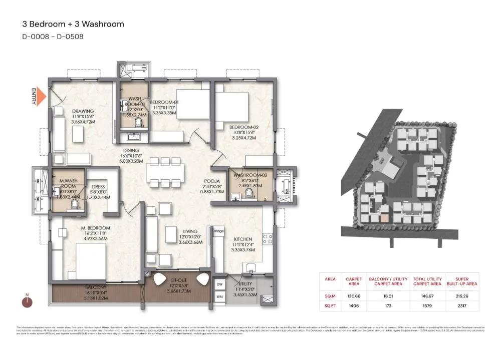 Brigade Manor 3 BHK floor plan, about 2,317 sq ft