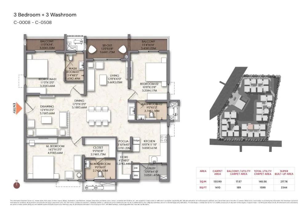 Brigade Manor 3 BHK floor plan, about 2,344 sq ft