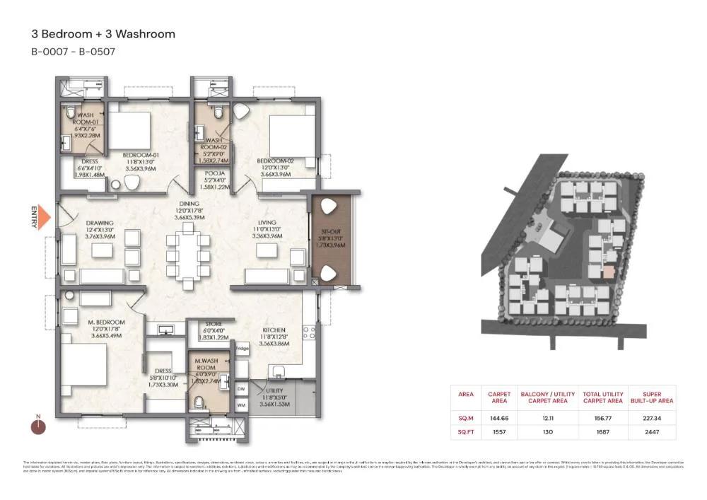 Brigade Manor 3 BHK floor plan, about 2,447 sq ft