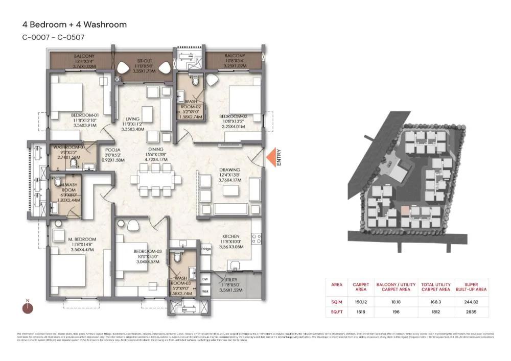 Brigade Manor 4 BHK floor plan, about 2,635 sq ft