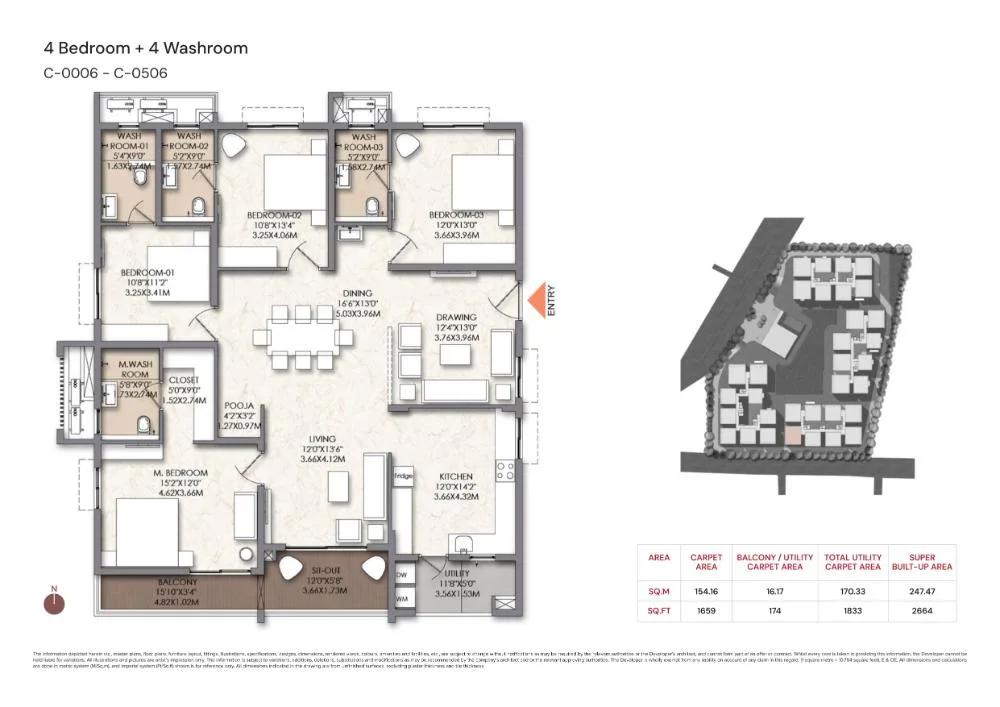 Brigade Manor 4 BHK floor plan, about 2,664 sq ft