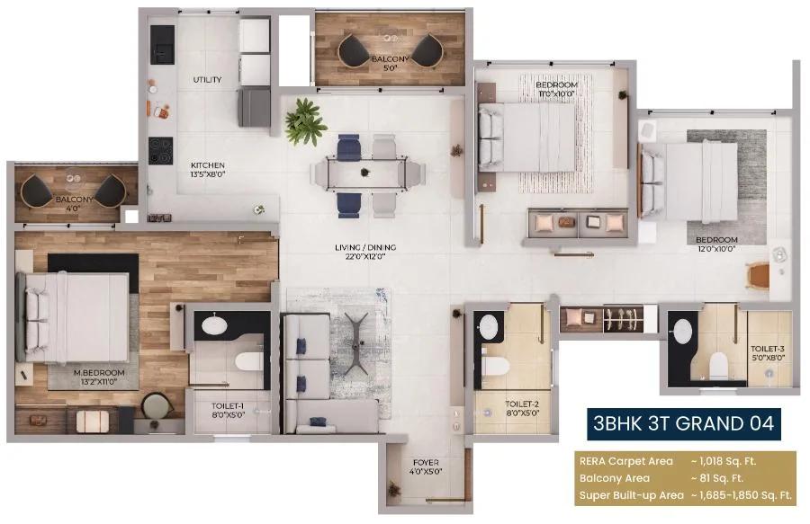 Purva Northern Lights 3 BHK floor plan, about 1,685 sq ft