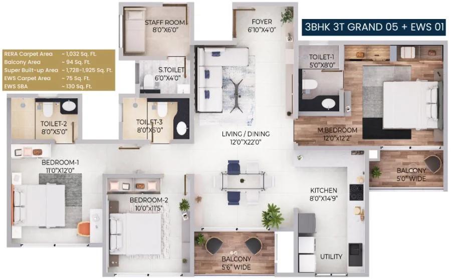 Purva Northern Lights 3 BHK floor plan, about 1,728 sq ft