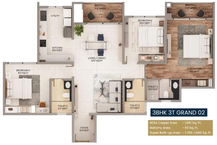 Purva Northern Lights 3 BHK floor plan, about 1,765 sq ft