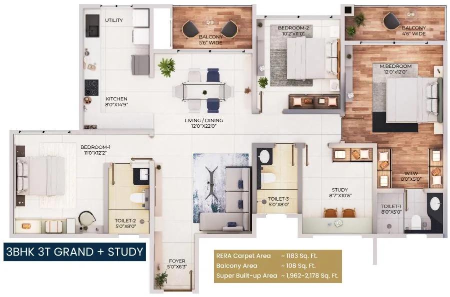 Purva Northern Lights 3 BHK floor plan, about 1,962 sq ft