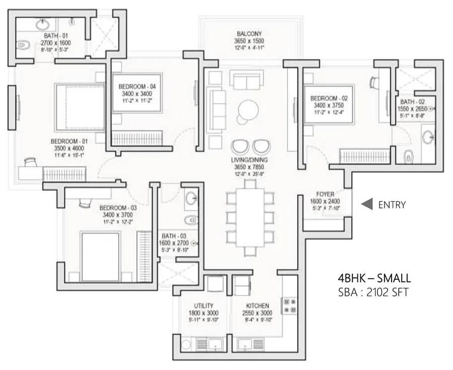 Sobha Township 4 BHK floor plan, about 2,102 sq ft
