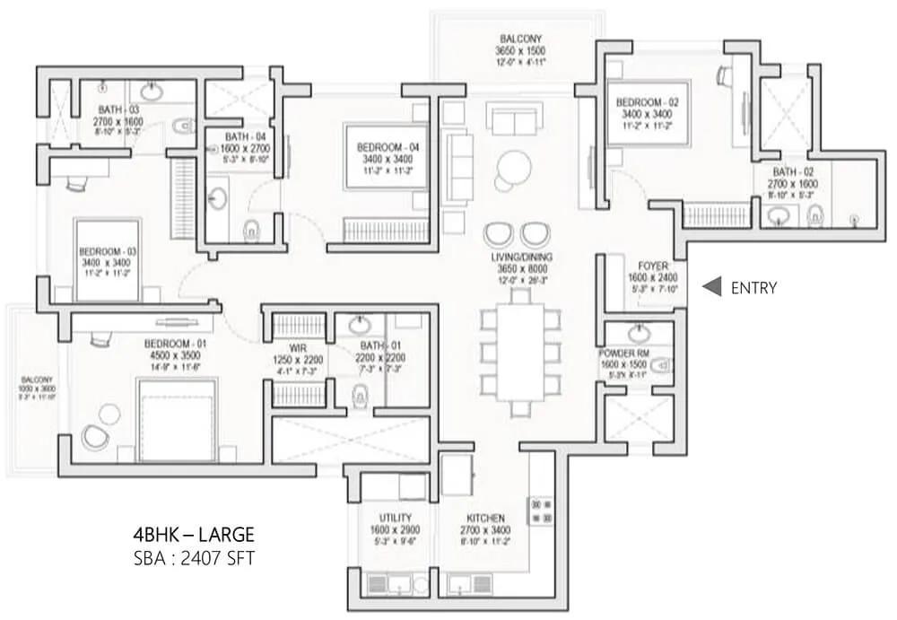 Sobha Township 4 BHK floor plan, about 2,407 sq ft