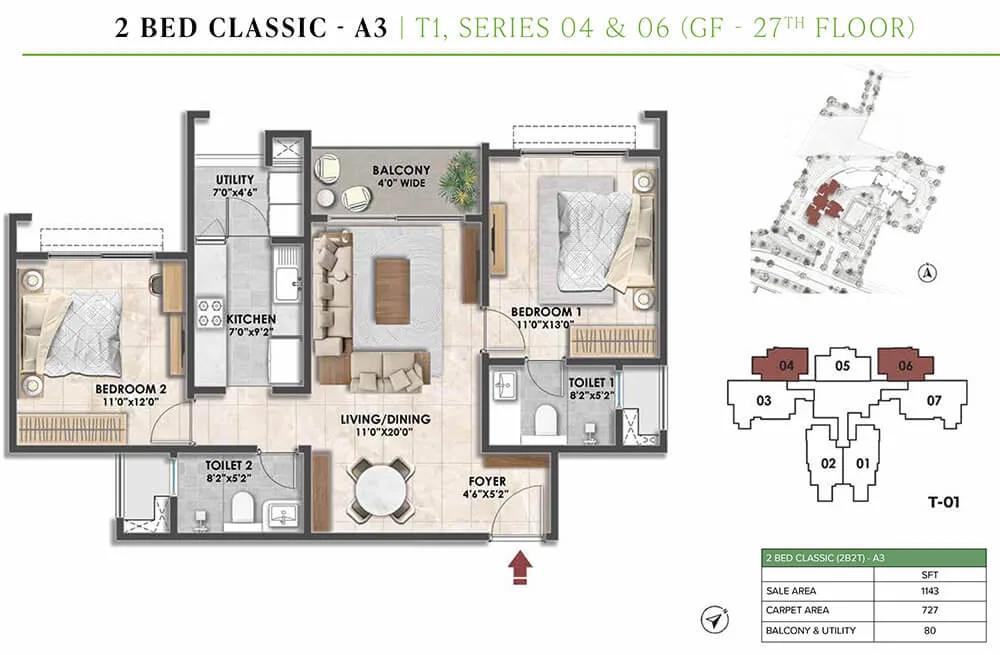 Prestige City Fernvale 2 BHK floor plan, about 1,143 sq ft