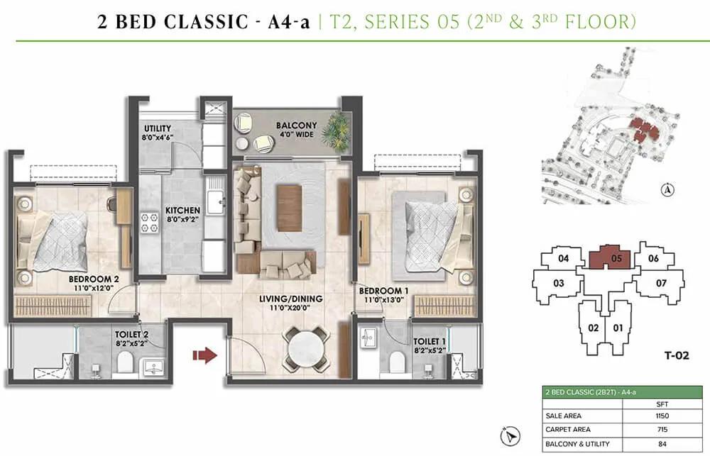 Prestige City Fernvale 2 BHK floor plan, about 1,150 sq ft