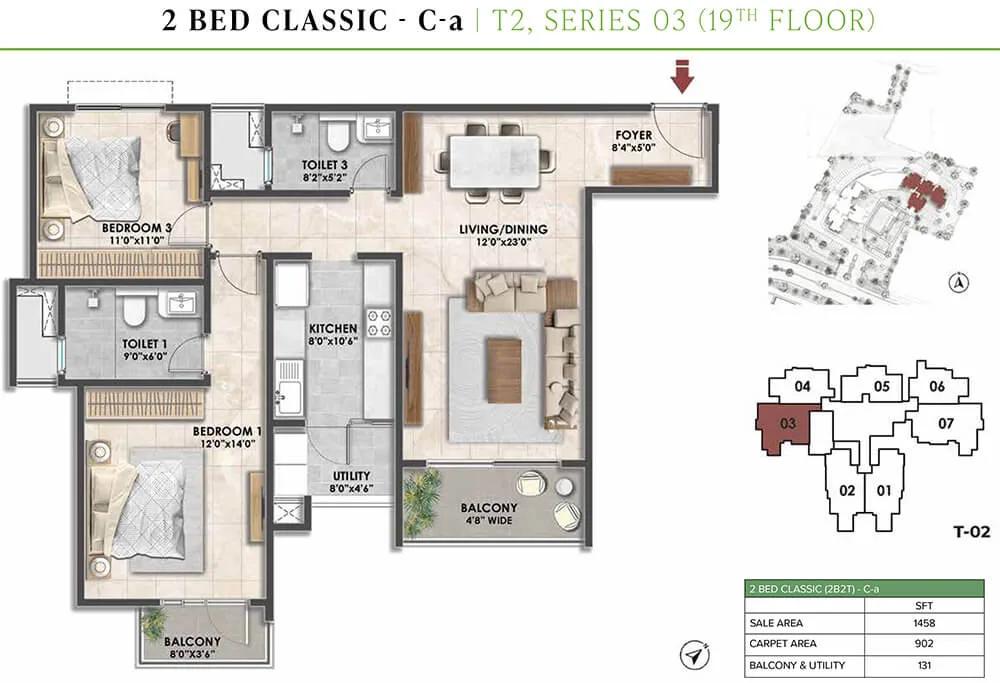 Prestige City Fernvale 2 BHK floor plan, about 1,458 sq ft