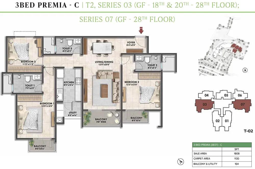 Prestige City Fernvale 3 BHK floor plan, about 1,808 sq ft