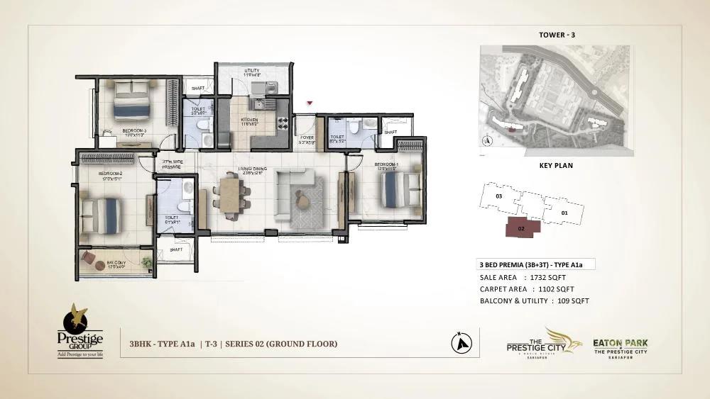 Prestige City Eaton Park 3 BHK floor plan, about 1,732 sq ft
