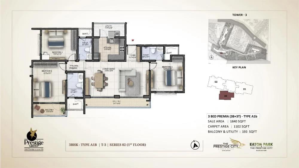 Prestige City Eaton Park 3 BHK floor plan, about 1,840 sq ft