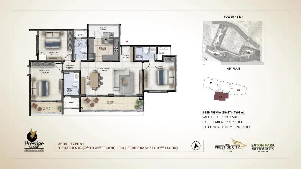 Prestige City Eaton Park 3 BHK floor plan, about 1,903 sq ft