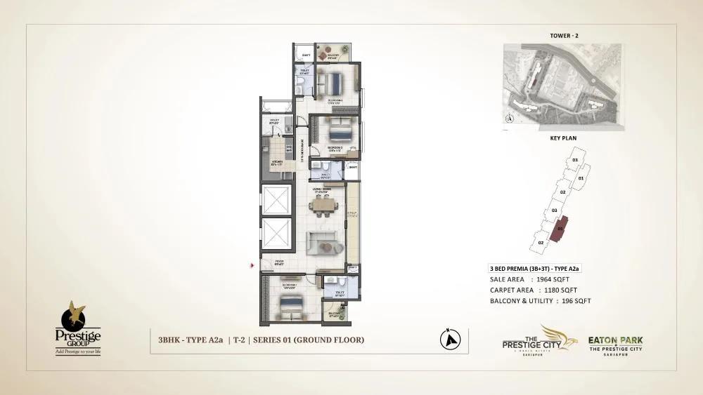 Prestige City Eaton Park 3 BHK floor plan, about 1,964 sq ft