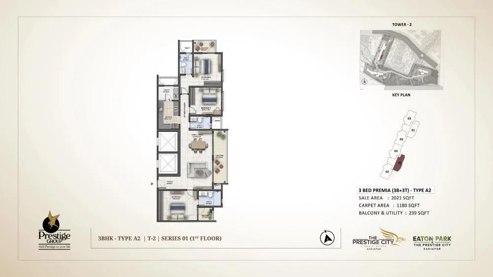 Prestige City Eaton Park 3 BHK floor plan, about 2,021 sq ft
