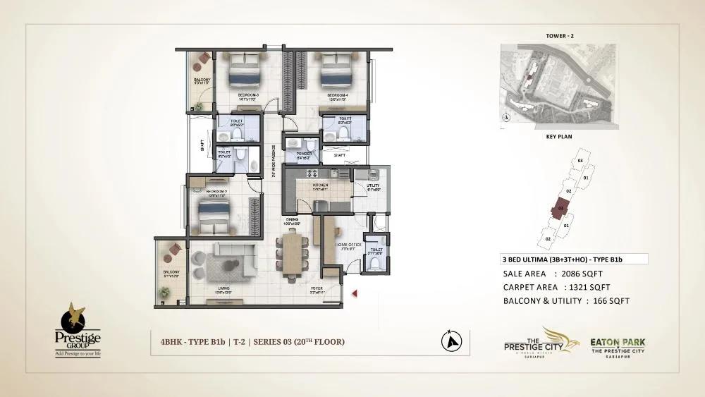 Prestige City Eaton Park 3 BHK floor plan, about 2,086 sq ft
