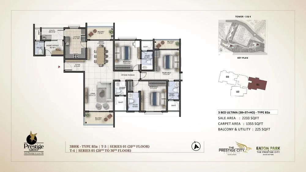 Prestige City Eaton Park 3 BHK floor plan, about 2,233 sq ft