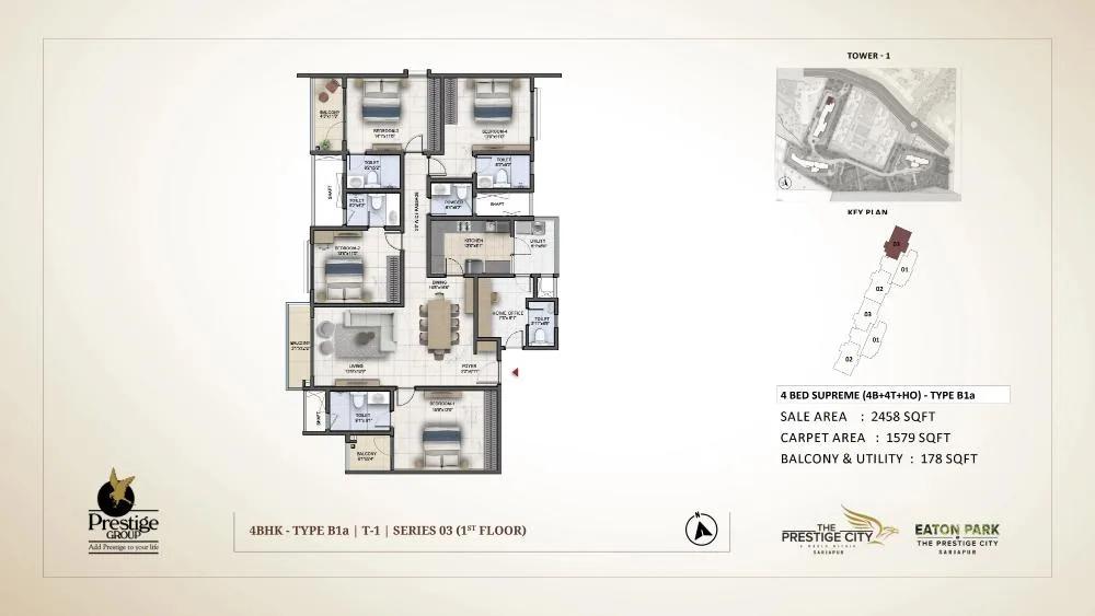 Prestige City Eaton Park 4 BHK floor plan, about 2,458 sq ft