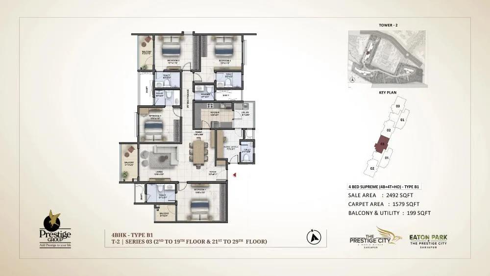 Prestige City Eaton Park 4 BHK floor plan, about 2,492 sq ft