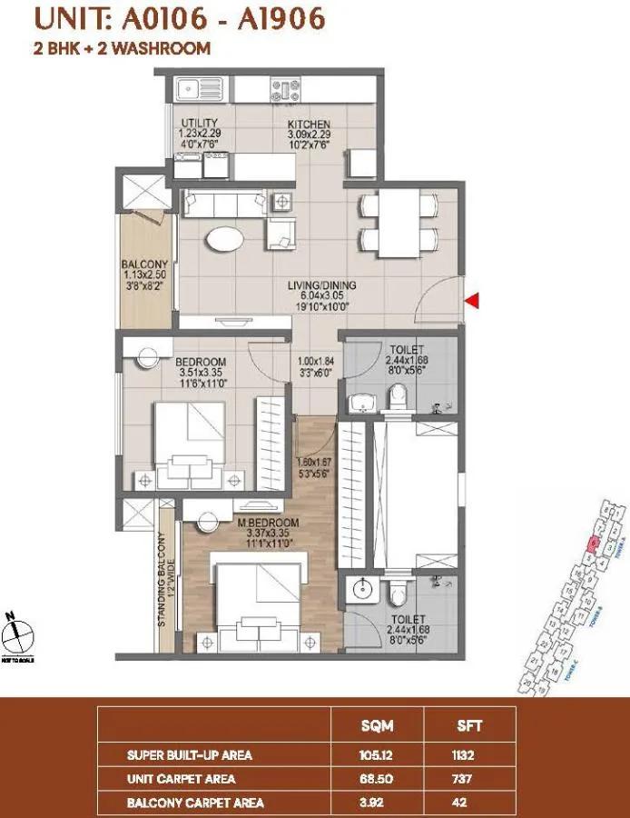 Brigade Lumina Apartments 2 BHK floor plan, about 1,132 sq ft